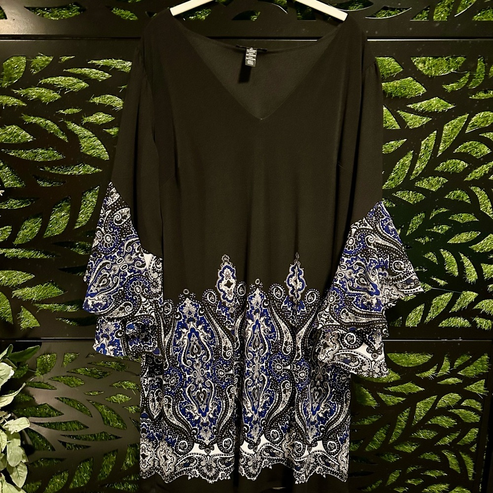 INC International Concepts V-neck Black dress w/Paisley Dress, Woman's 1X